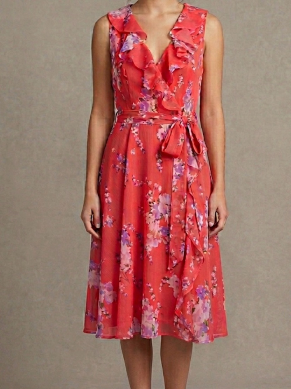 Lauren Ralph Lauren Floral Wrap Dress – Coral with Attached Belt – Size 12